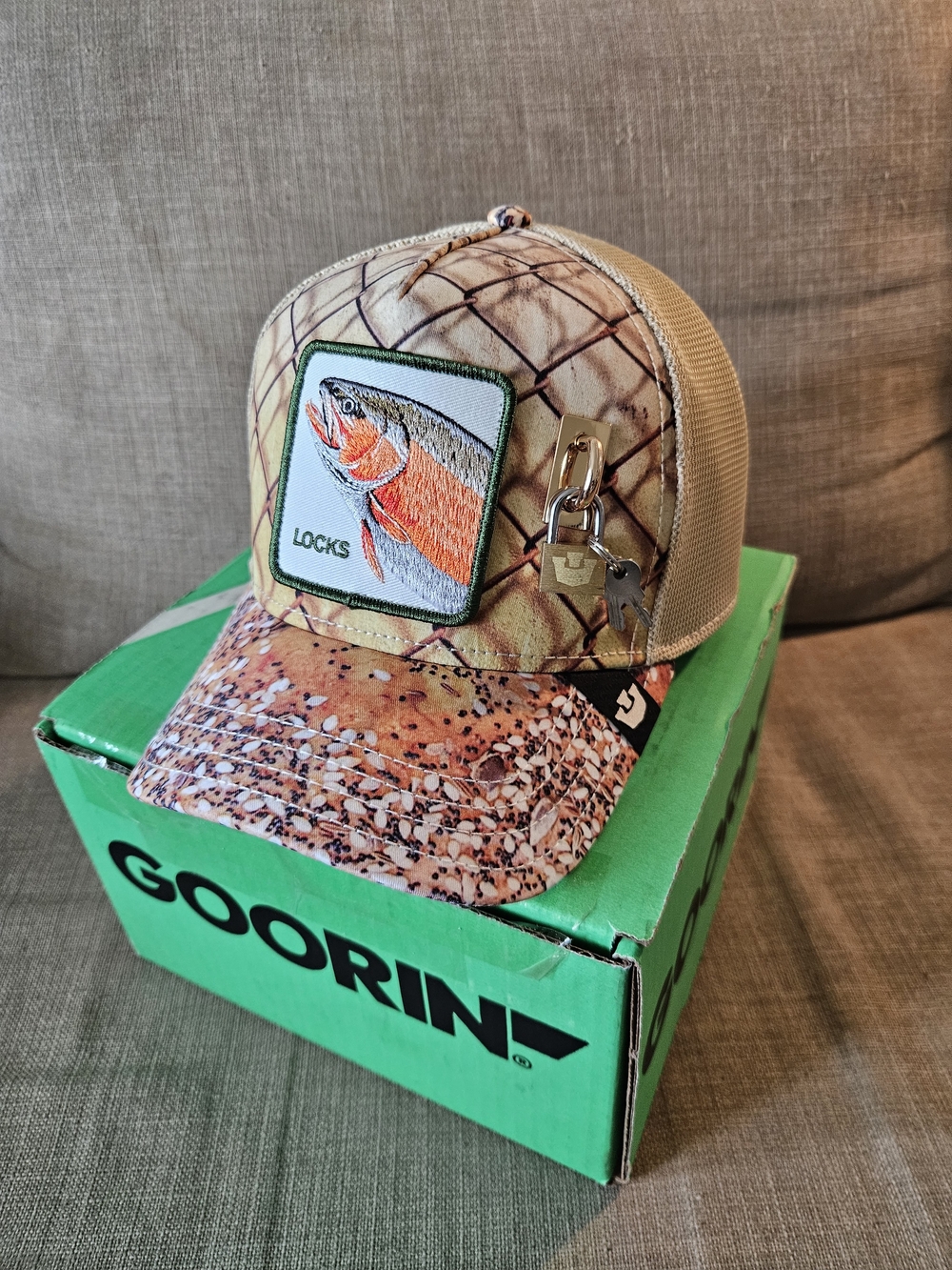 Goorin Bros | FRIDAY DROPS | Beige Fish Patch Trucker Hat with Lock Charm